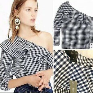 J Crew Gingham one shoulder ruffle top XL navy /wt